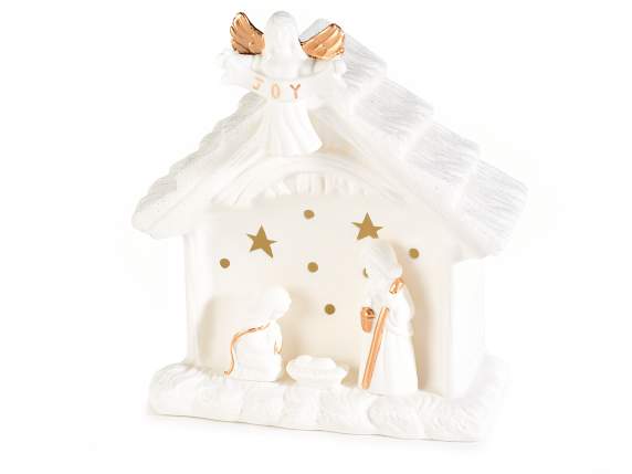 Presepe ceramica bianca con glitter, luci e decori dorati