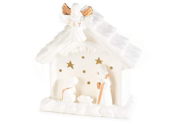 Presepe ceramica bianca c-glitter, luci led e decori dorati