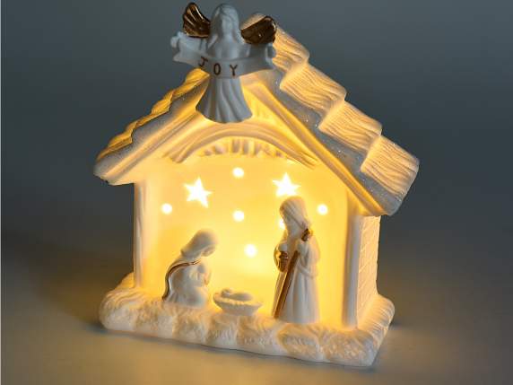 Presepe ceramica bianca con glitter, luci e decori dorati