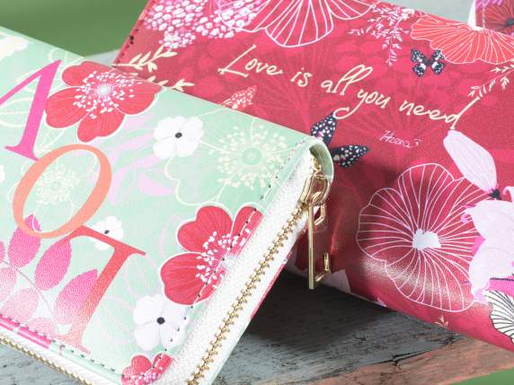 Portafoglio donna in similpelle con zip e stampa floreale