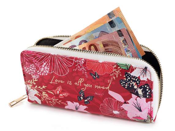Portafoglio donna in similpelle con zip e stampa floreale