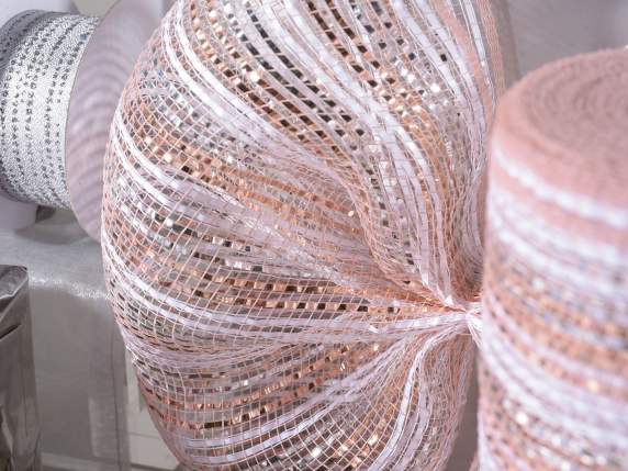 Rotolo di rete decorativa rosa e argento con inserti lamé