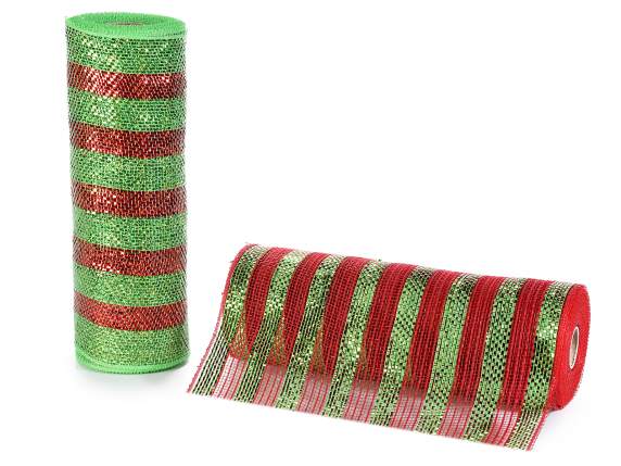 Rotolo di rete decorativa rossa e verde con inserti in lamé