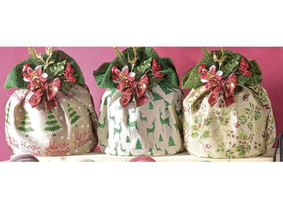 Sacchetto portapanettone stoffa, bordo lamé, decori glitter