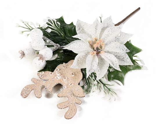 Stella di Natale bianca con bacche e decoro renna glitterate