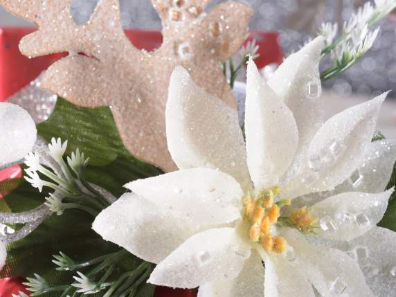Stella di Natale bianca con bacche e decoro renna glitterati