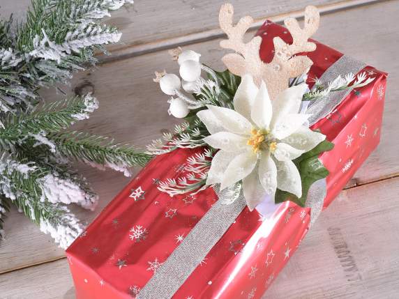 Stella di Natale bianca con bacche e decoro renna glitterati