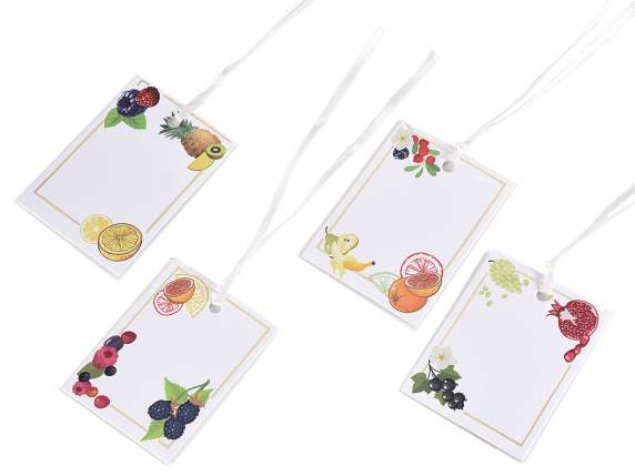Confezione 25 tag carta bianca stampa Frutti e nastro raso