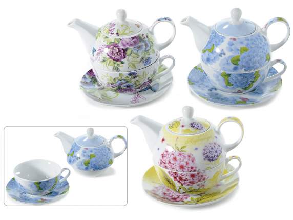 Set tazza e teiera in porcellana con decori fiori