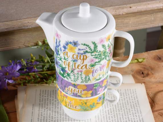 Set teiera e 2 tazze in porcellana con decori floreali