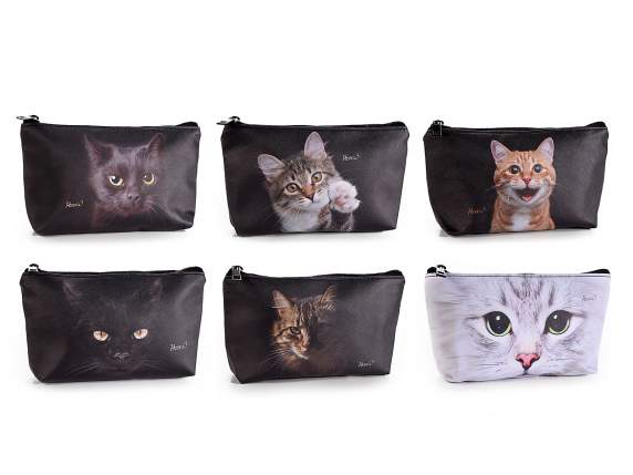 Trousse in similpelle con zip e stampa Cats