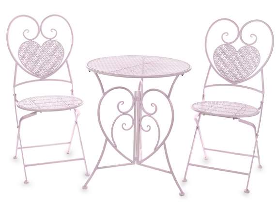 Gartentisch und 2 Stühle aus rosa perforiertem Metall