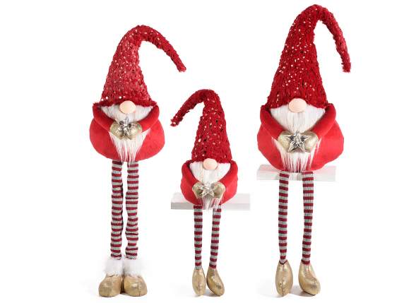 3er-Set langbeiniger Weihnachtsmann aus Stoff mit LED-Stern
