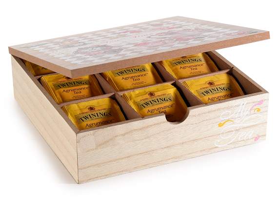 Tee--Gewürzbox aus Holz mit 9 Fächern und „Tea Time“-Dekorat