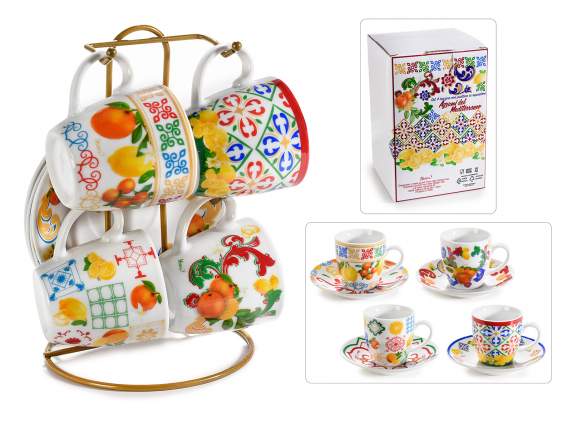 Set aus 4 dekorierten Porzellantassen mit Untertasse aus Met