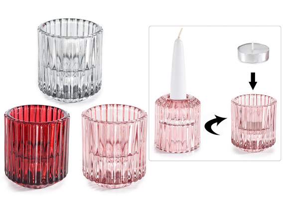 Gerändelter Kerzenhalter aus farbigem Glas mit doppeltem Ver