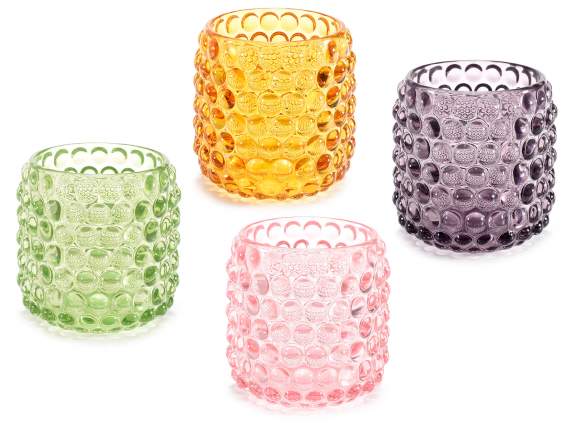Kerzenhalter aus farbigem und reliefiertem Glas