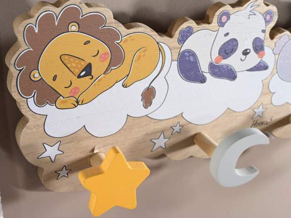 Wandgarderobe aus Holz mit 4 Stern--Mondhaken „DreamKids“
