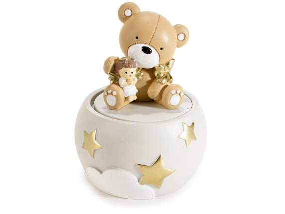 Harzbox mit Teddybär und Engel auf dem Deckel