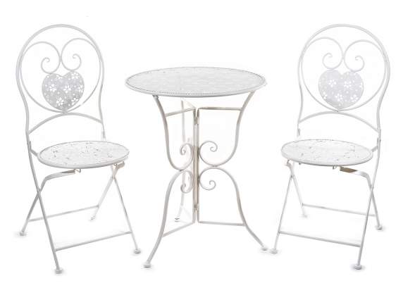 Gartentisch und 2 Stühle aus perforiertem Metall mit Blumen