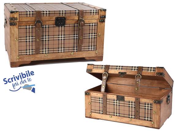 Set aus 2 Koffern aus Holz und Schottenstoff mit Metallgriff