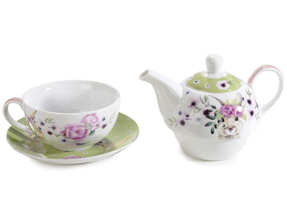 Set aus Tasse, Teekanne und Untertasse aus Porzellan mit Bu