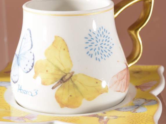 Set mit 2 Tassen und 2 Untertassen Schmetterlingsporzellan g