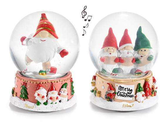 Schneeball mit Spieluhr Gnomes Singers auf Harzsockel