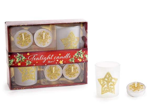 Geschenkbox mit 4 dekorierten Teelichtern und 2 Kerzenhalter