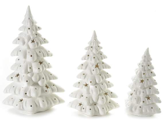 Set von 3 Bäumen in weißem Porzellan mit LED-Licht und Glitz