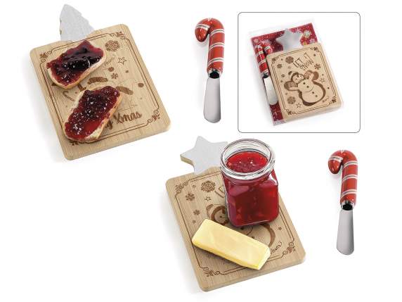 Verziertes Holzschneidebrett-Set mit Messer in Geschenkbox