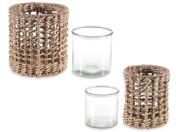 Set aus 2 Kerzenhaltern-Utensilien aus Naturfaser mit Glasge
