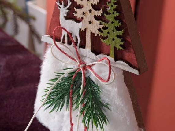 Set mit 2 Weihnachtsbäumen aus Holz und Kunstfell mit Glöckc