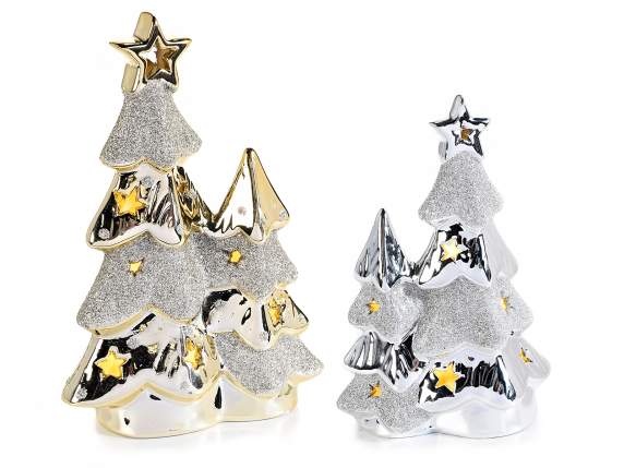 Set aus 2 glitzernden Weihnachtsbäumen aus Porzellan mit LED