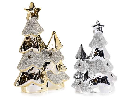 Set aus 2 glitzernden Weihnachtsbäumen aus Porzellan mit LED