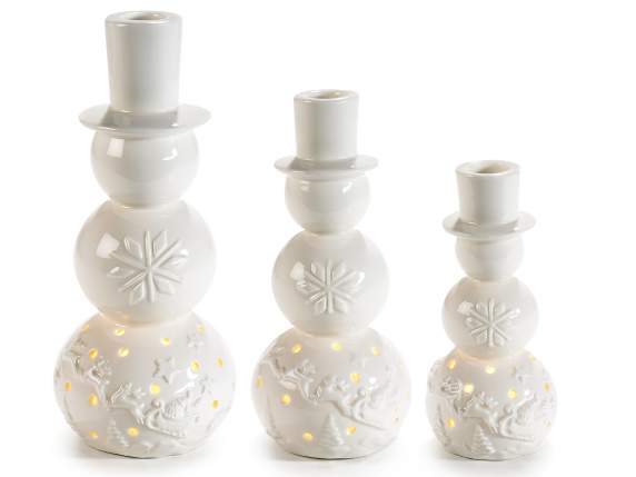 Set mit 3 Porzellan-Kerzenhaltern Schneemännern mit LED-Lich
