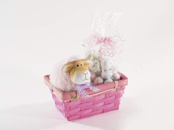 Terrakotta-Schaf mit rosa Kunstfell und lila Schleife