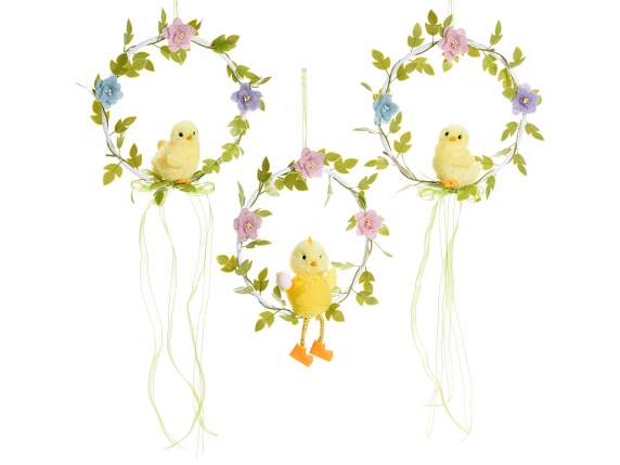 Guirlande avec poussin, fleurs et ruban à suspendre