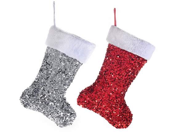 Hanging gift sock with sequin and artificial fur edge