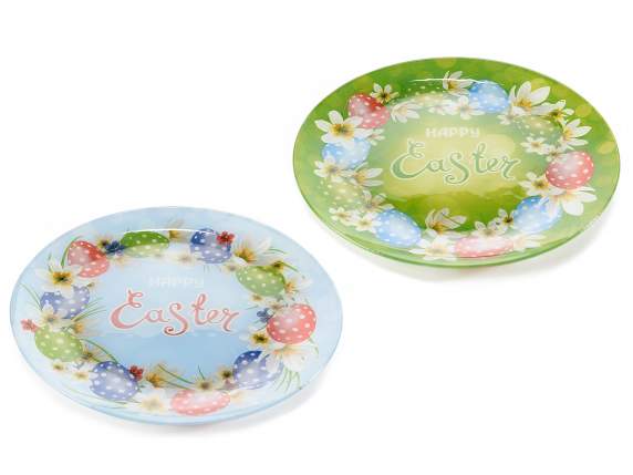 Happy Easter colored glass round plate