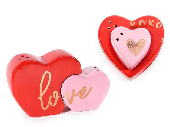 Hearts salt and pepper set with shiny gold-like writing