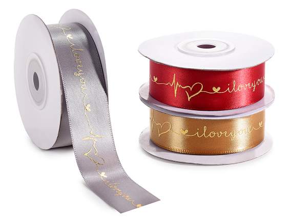 Satin ribbon with golden I love you print
