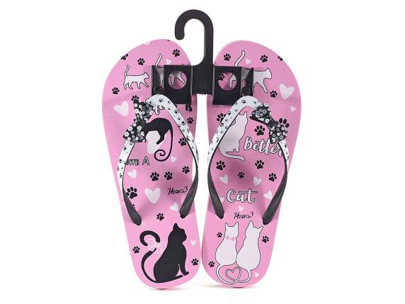 Paio infradito donna stampa Pretty Cat stringa con fiocco