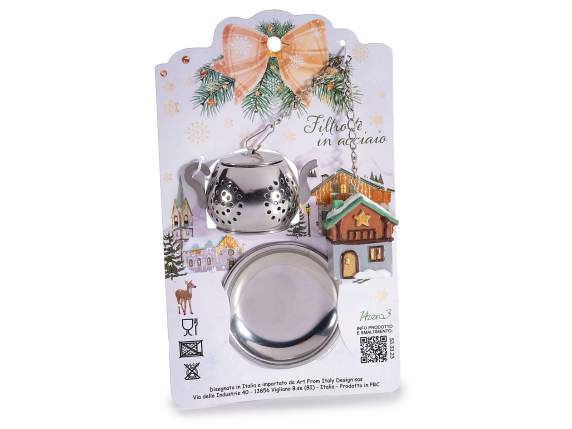 Infusor tetera de acero inoxidable con platillo y decoración