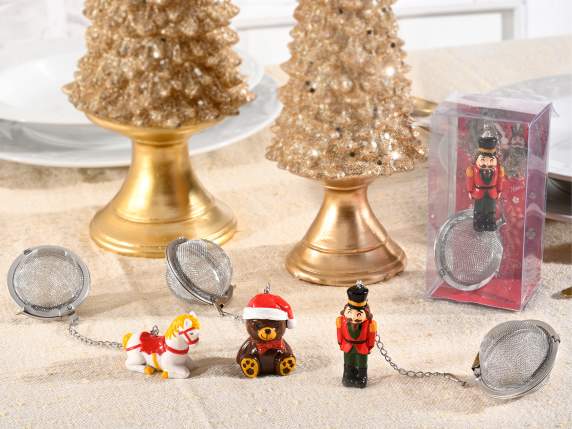 Infusor de acero inoxidable y personajes navideños en resina