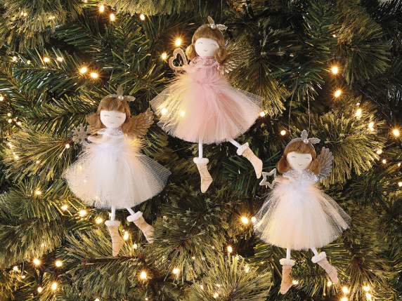 Înger cu rochie din tul și pene de agățat