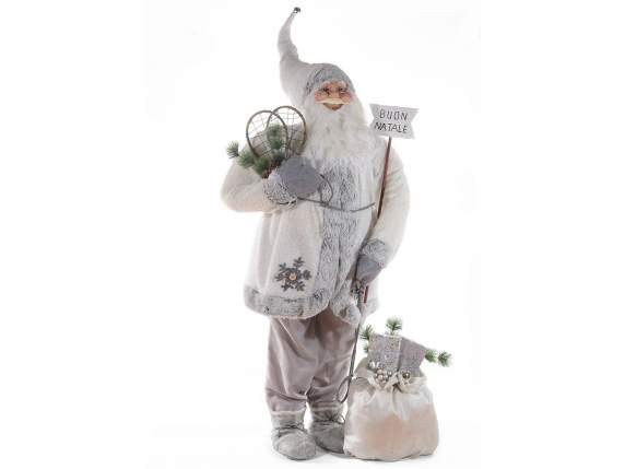 Babbo Natale c-giacca bianca eco-fur e lamé, sacco e scritta