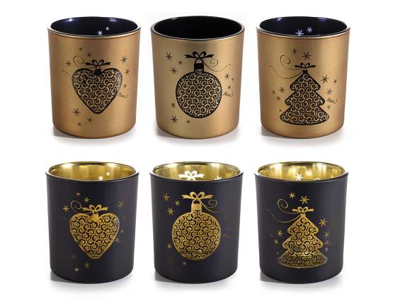 Portacandela in vetro decorato nero e oro