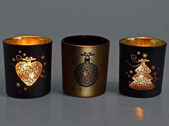 Portacandela in vetro decorato nero e oro