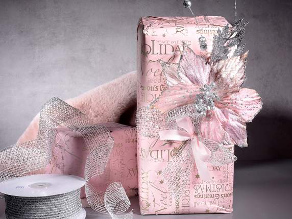 Stella di Natale rosa in stoffa con glitter e bacche argento